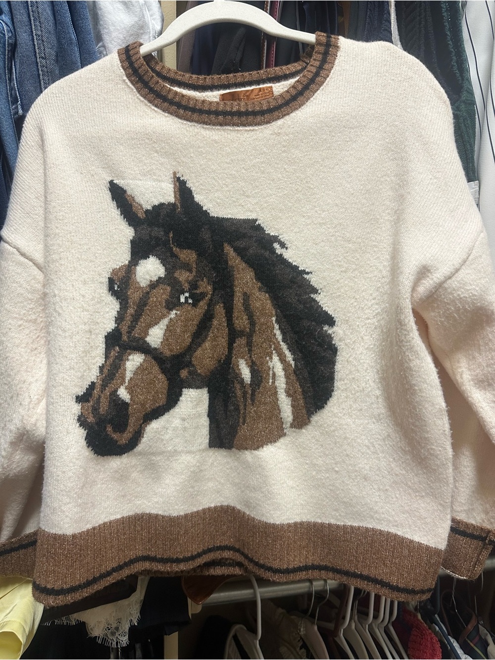 Belldini Cream Sweater with Brown and Black Horse Intarsia